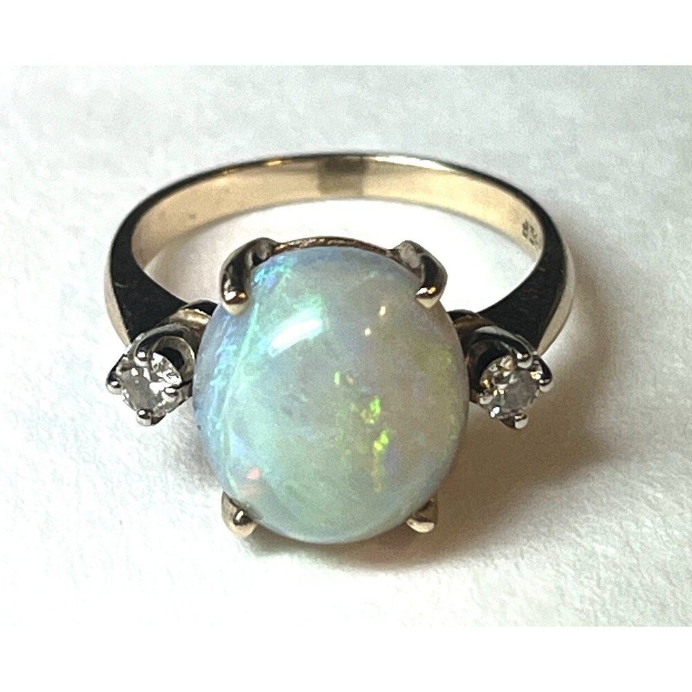 Braden & Foss 14K Gold Opal Diamond Ring 10x8mm Mid Century Size 5.5